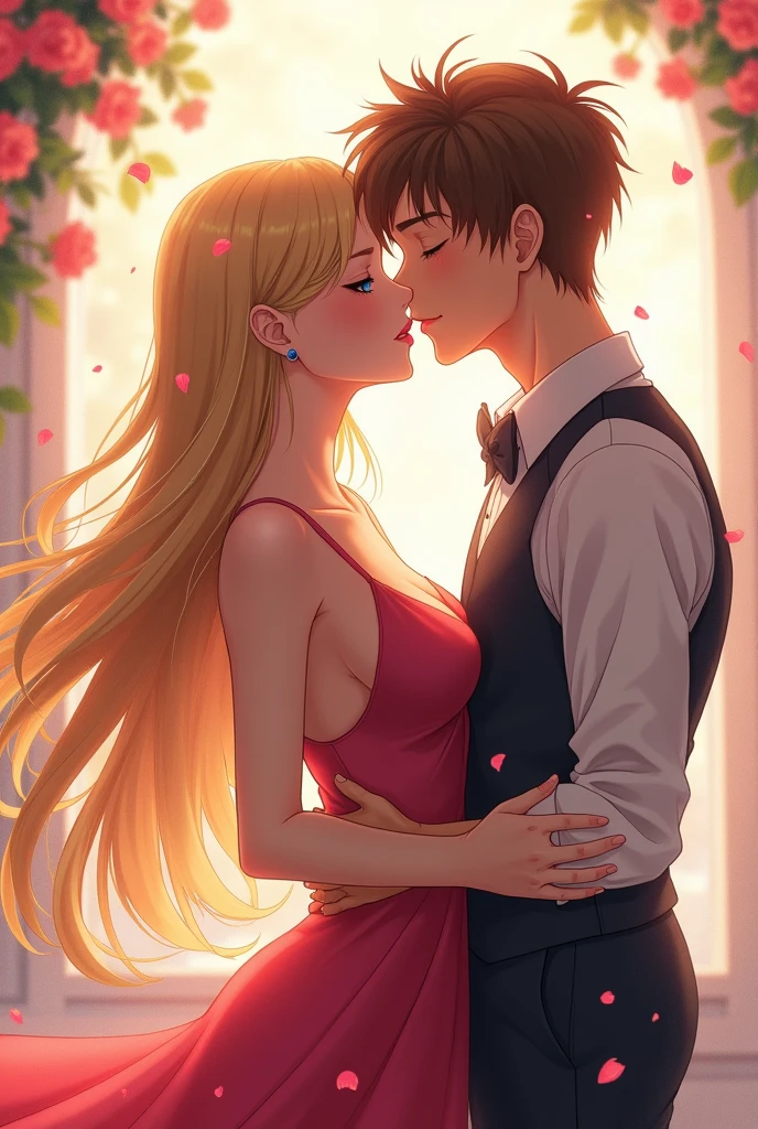 Big breasted blonde hair girl kiss to boy anime