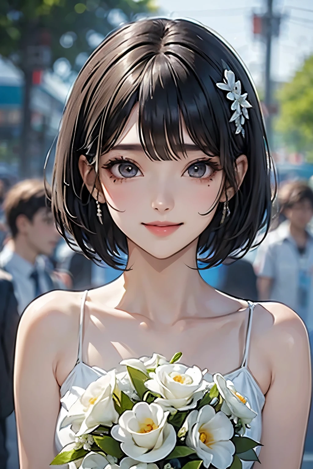 white、Ocean、Droopy eyes、Brown eyeballs on face、smile、1 female、Woman in a dress、Bob Hair、Detailed face、Clear Face、((Best image quality))、Mole、bouquet、bride