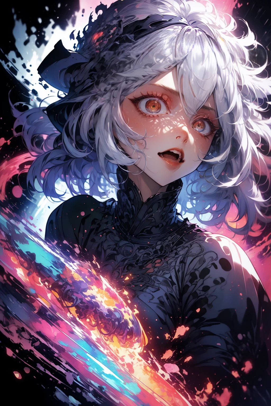 (masterpiece, highest quality, high resolution, official art, beautiful and aesthetic: 1.2), cute, highly detailed, abstract: 1.4, (silver hair: 1.1), dilated pupils, singing while playing electric guitar, singing with mouth wide open, portrait, death metal band.