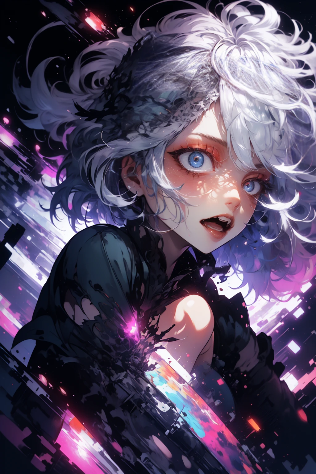 (masterpiece, highest quality, high resolution, official art, beautiful and aesthetic: 1.2), cute, highly detailed, abstract: 1.4, (silver hair: 1.1), dilated pupils, singing while playing electric guitar, singing with mouth wide open, portrait, death metal band.