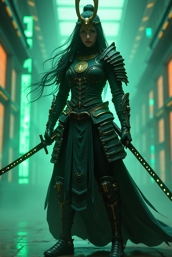 A female cyber samurai with long flowing hair, wearing advanced armour that combines traditional Japanese elements with futuristic tech. She stands confidently in a high-tech dojo, holding a katana that emits a bright green light, surrounded by digital displays