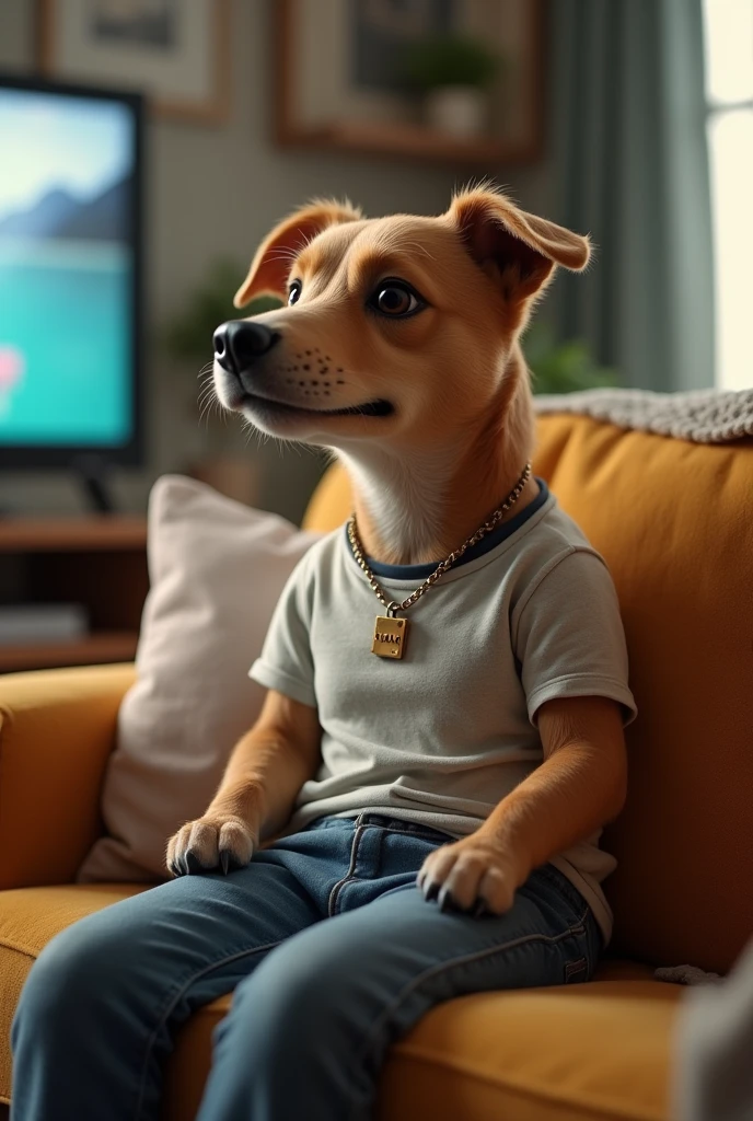 A dog with a real human body and clothes with a tag on it’s neck named (max) sitting on a sofa watching tv