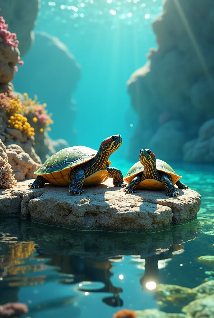 Two redears turtle sitting on the block in the red sea