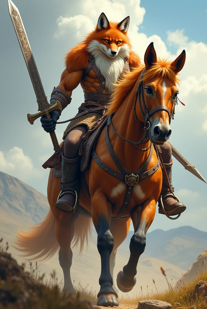 A big fox riding on the big hourse wearing a big shord for fighing