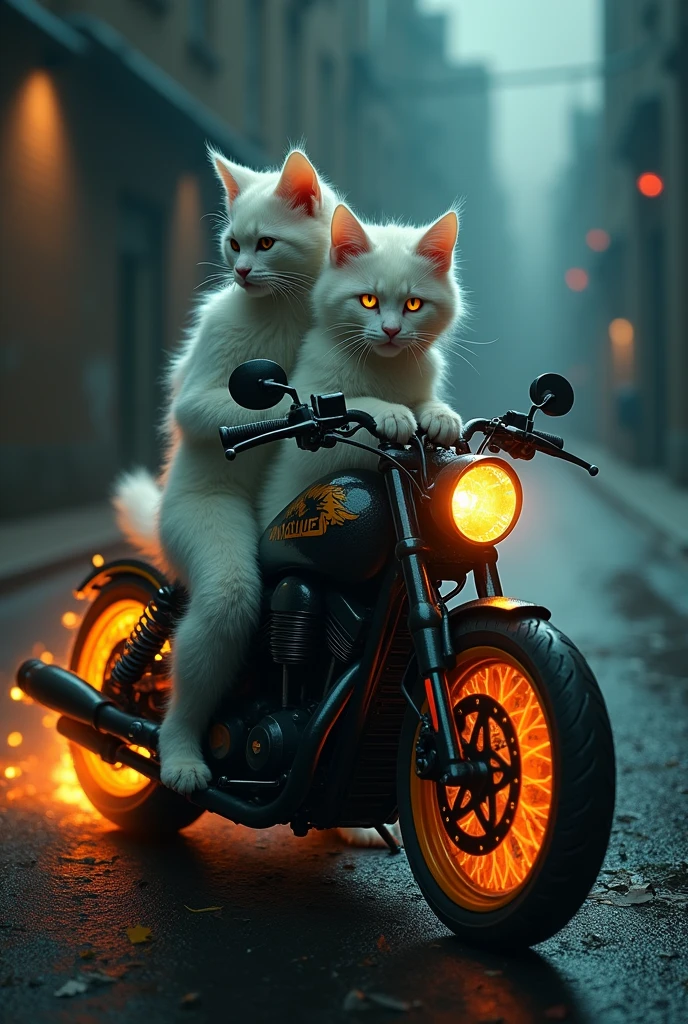 Cat looks like ghost rider sitting with ghost rider in a bike