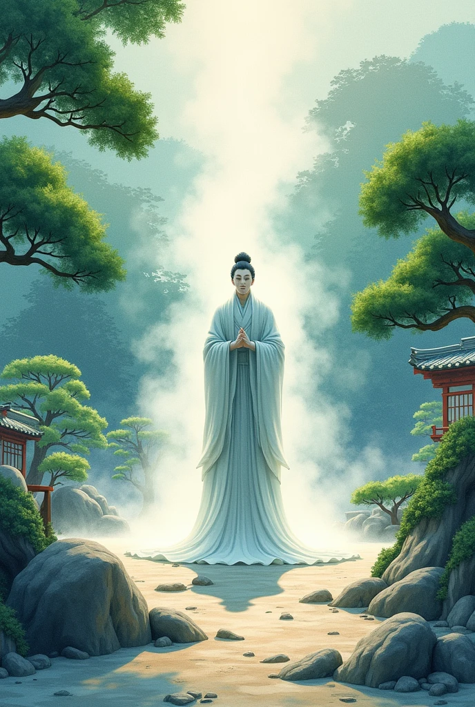 (((Watercolor style))),Japanese God々Japanese style garden,Milky white mist appears across the screen,Mysterious and peaceful atmosphere,Bright light glow,High-definition and detailed depiction,A masterpiece of art.