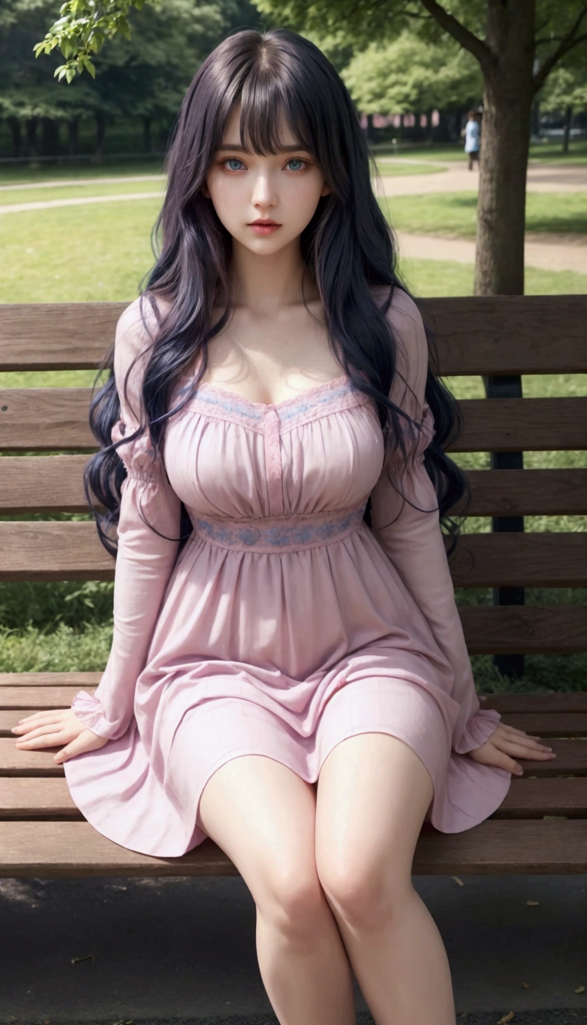 Fullbody image, female, dark blue wavy long hair with bangs, blue eyes, pink lips, beautiful gentle face, sexy body, big , long legs, fair skin, wearing pink dress with sleeves, sitting on a bench in a park,