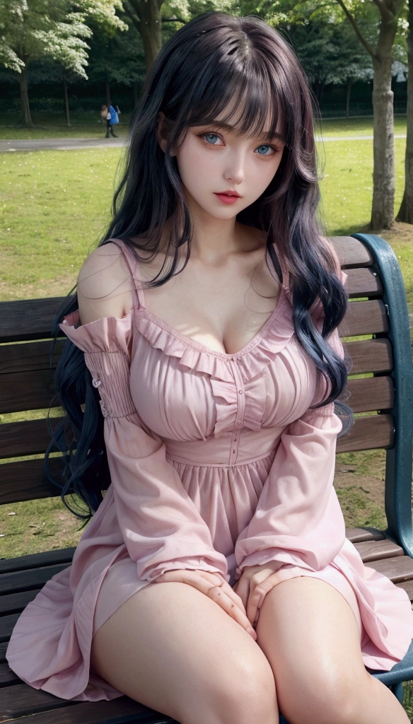 Fullbody image, female, dark blue wavy long hair with bangs, blue eyes, pink lips, beautiful gentle face, sexy body, big , long legs, fair skin, wearing pink dress with sleeves, sitting on a bench in a park,