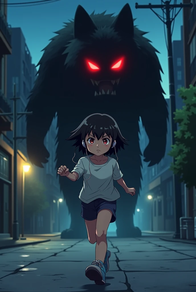 1 anime girl. With short black hair and red eyes, with sharp and serious features, wearing boys&#39; clothes, she runs on the sidewalk at night, wearing earphones, and behind her is a scary black monster with red eyes the size of a dog. 