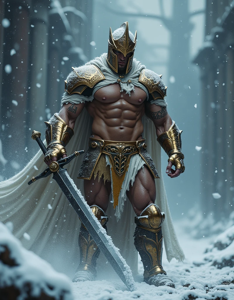 Superman muscular knight with big crotch bulge in the cold snow storm, muscular knight in the cold snow. Knght with a big dark sword. Hairless handsome super man fighting in the snow. Knight with shiny tattoos in his arms and a roman's helmet. Sexy slim golden underwear. Knight with golden armor.