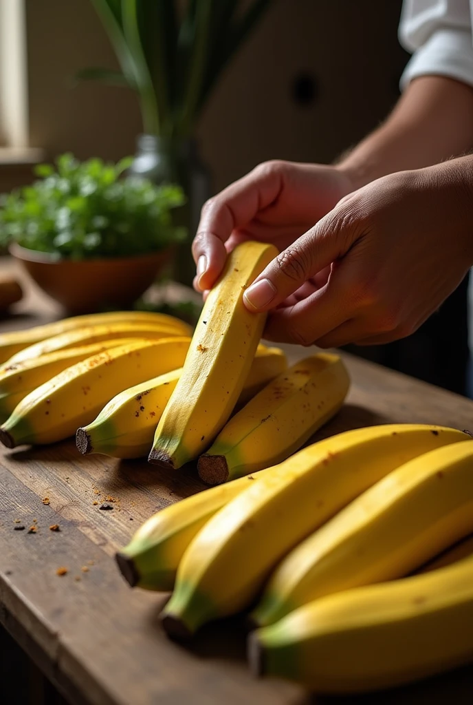 Peeling plantains

