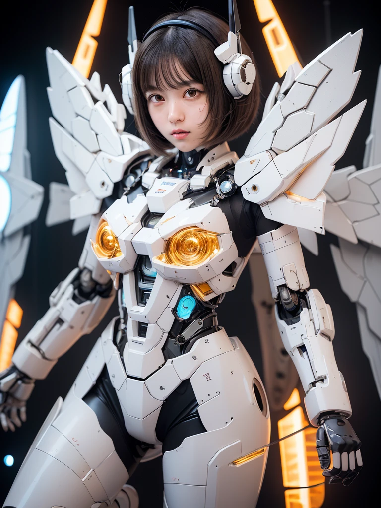 ((masterpiece, hyper quality, highly detailed)), photo realistic, realistic, (ultra high definition: 1.2), High resolution 16k, (Skin texture must be natural:1.5), (Light skin: 1.3), white skin:1.4, (Perfect Anatomy),,japanese high school girl wears only a futuristic Gundam Mecha,(Gundam Mecha), gundam style,with headgear,with gundam style v-fin on the forehead, (mechanical wings),, biomechanics , biomechanics thighs,mechanical shins and feet,visible cleavage,visible groin, android heroine, fully robotized!! girl, perfect android girl, small details. , (cute:1.2), (bob cut:1.3), Black Hair, Thick eyebrows, Light brown iris, Big, bright black eyes, Long eyelashes, Small, light-colored, natural lips, ((Average face of Japanese idols)), (The uniquely Japanese like face:1.3), (baby , Wide forehead:1.2, Plump Cheeks, Small jaw, Detailed thighs,Slim body, in the hangar,looking at viewer,Focus on the eyes 