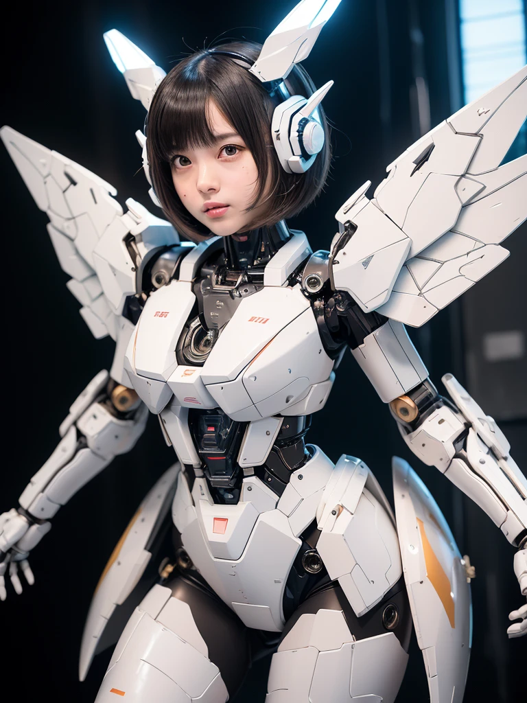 ((masterpiece, hyper quality, highly detailed)), photo realistic, realistic, (ultra high definition: 1.2), High resolution 16k, (Skin texture must be natural:1.5), (Light skin: 1.3), white skin:1.4, (Perfect Anatomy),,japanese high school girl wears only a futuristic Gundam Mecha,(Gundam Mecha), gundam style,with headgear,with gundam style v-fin on the forehead, (mechanical wings),, biomechanics , biomechanics thighs,mechanical shins and feet,visible cleavage,visible groin, android heroine, fully robotized!! girl, perfect android girl, small details. , (cute:1.2), (bob cut:1.3), Black Hair, Thick eyebrows, Light brown iris, Big, bright black eyes, Long eyelashes, Small, light-colored, natural lips, ((Average face of Japanese idols)), (The uniquely Japanese childlike face:1.3), (baby face:1.1), Wide forehead:1.2, Plump Cheeks, Small jaw, Detailed thighs,Slim body, in the hangar,looking at viewer,Focus on the eyes 