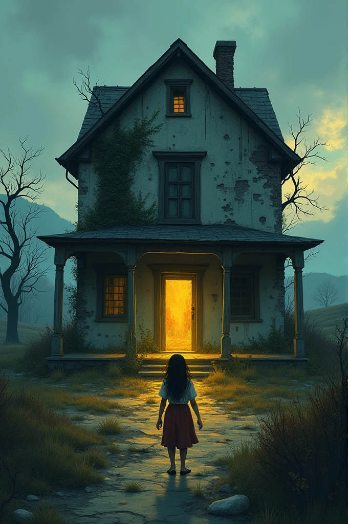 Illustrate Snehha arriving at an old, abandoned house on the outskirts of the village. The house is dark and foreboding, with a faint golden light from within.