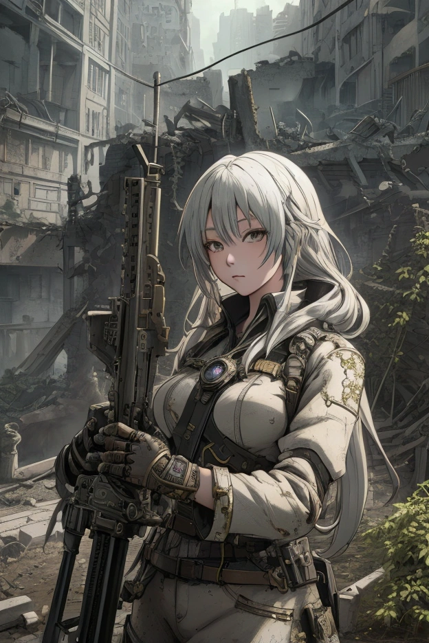 ((Highly detailed anime art)),Woman in ruins,City Ruins,Ranger Equipment,Shots from afar((masterpiece, Highest quality, Extremely detailed CG, unity 8k wallpaper )),(masterpiece, Highest quality, Highest quality, Official Art, beautiful),Very vivid,High-precision images,Ultra-high resolution,Great art,Poster Art,Impressive photos,Impressive art,beautiful顔,Perfect Face
