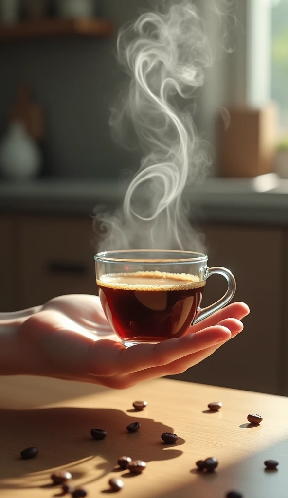 One hand holds a clear glass coffee cup, with coffee beans and beans scattered on the floor. The steam rising from the hot coffee artistically transforms into vapor in the shape of an ukulele. Behind it, what looks like a kitchen counter can be seen.