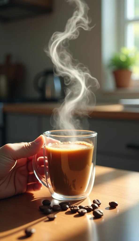 One hand holds a clear glass coffee cup, with coffee beans and beans scattered on the floor. The steam rising from the hot coffee artistically transforms into vapor in the shape of an ukulele. Behind it, what looks like a kitchen counter can be seen.