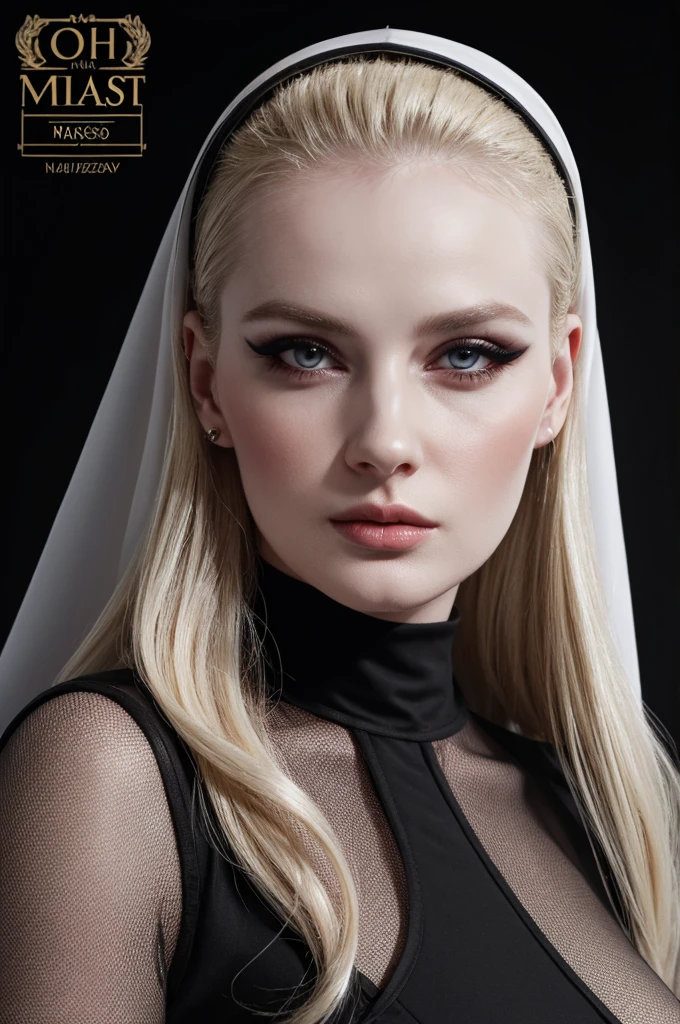 woman pretty, blonde, slicked back ,black nun veil, blonde hair , big breast,, pale skin , wearing italian dress, eyeliner ,foxy eyeliner , makeup ,pale woman painting, beautiful light deep focus, elegant, digital painting, smooth, dramatic lighting , 8k, art , black background,black background, black wallpaper , NSFW,blonde nun, (masterpiece:1,2, best quality), (magazine cover),slicked-back-hairstyle, , vstylish, chic, high-fashion, captivating, elegant, trendy, fashionable, radiant, attention-grabbing, dazzling,