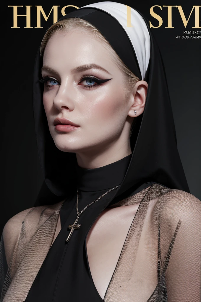 woman pretty, blonde, slicked back ,black nun veil, blonde hair , big breast,, pale skin , wearing italian dress, eyeliner ,foxy eyeliner , makeup ,pale woman painting, beautiful light deep focus, elegant, digital painting, smooth, dramatic lighting , 8k, art , black background,black background, black wallpaper , NSFW,blonde nun, (masterpiece:1,2, best quality), (magazine cover),slicked-back-hairstyle, , vstylish, chic, high-fashion, captivating, elegant, trendy, fashionable, radiant, attention-grabbing, dazzling,