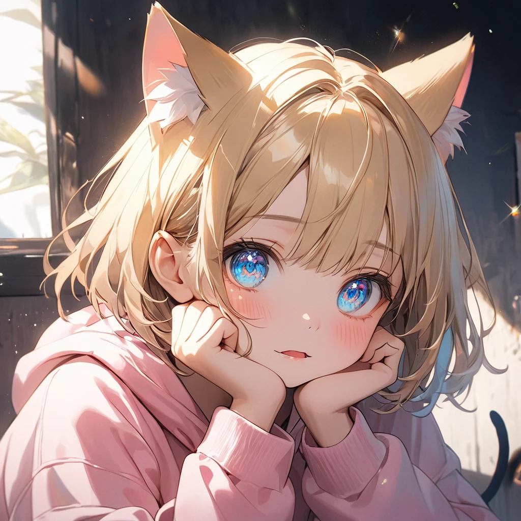 ((masterpiece)), ((Highest quality)), (Super Detail:1.2), (High resolution:1.3), ((Very detailed)), (8k), (Professional photography:1.2), (so beautiful:1.2), (Absurd:1.2), (Sharp focus), (Perfect light), (Cast a Shadow), (()), cute young Girl, Shiny straight hair, (Loose bangs), Blonde Hair, ((Short Hair)), Cat ears of the same color as the hair, Highlighted Hair, ((Face with raised eyebrows)), (Sparkling Eyes), Short Hair, Big eyes, Bright blue eyes, (Beautiful jewel-like eyes), blush, ((Triangular mouth)), (cute cheeks), Glossy Lips, Pouting, Sagging under the eyes, (Lower eyelashes), break, ((Highest quality)), (Oversized loose pink hoodie), exposed left shoulder, ((Place both hands on cheeks)), (colorful), cute makeup, ((colorfulなパステルカラーの壁を背景に)), cute, (Beautiful lily painting), (Detailed Background:1.2), (up to date), Clear lines,Face close-up