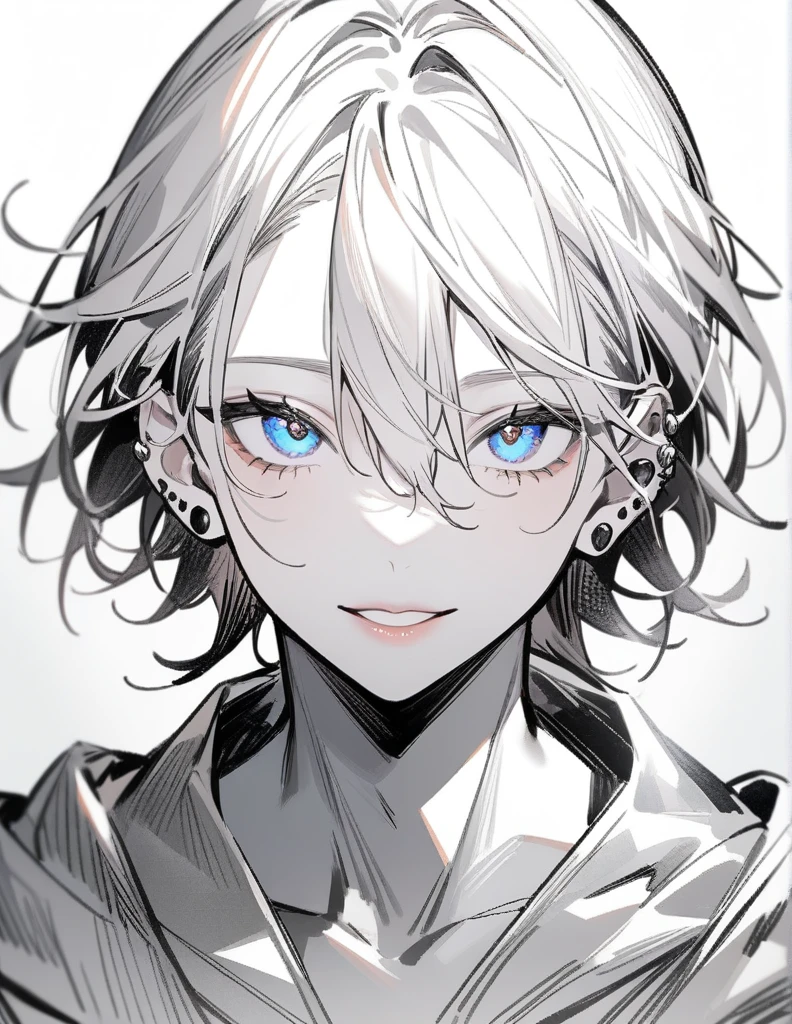1 boy, extremely detailed eyes and face, beautiful detailed lips, detailed ear piercing, pencil sketch, black and white, masterpiece, best quality, ultra-detailed, manga, very aesthetic, front view, happy