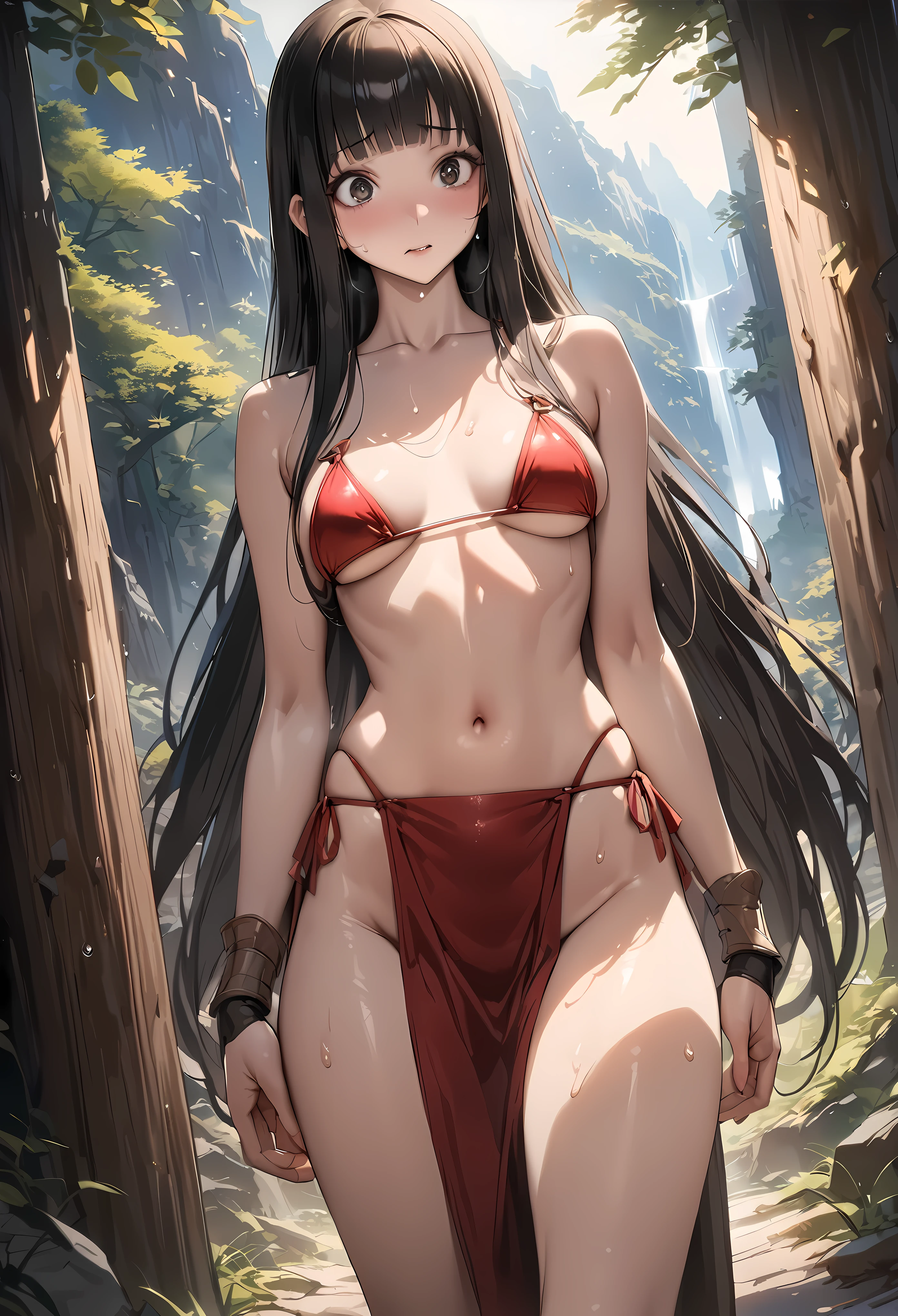 Fantasy art、Dynamic Angle、((masterpiece,best quality anime,Highest quality:1.3)),realistic,portrait,1woman,(Mature Beauty),((very small head:1.4)),((very long body:1.3)),long hair,black hair,bangs,(gorgeous big eyes),black eyes,((slender body:1.3,skinny:1.2)),medium breasts,sweat,(Red Bikini、red loincloth),navel,Brown leather gauntlets、Brown leather boots、walk,Mountaineering、Rugged mountain path、sunny、forest、Trees、A world of magic and fantasy、