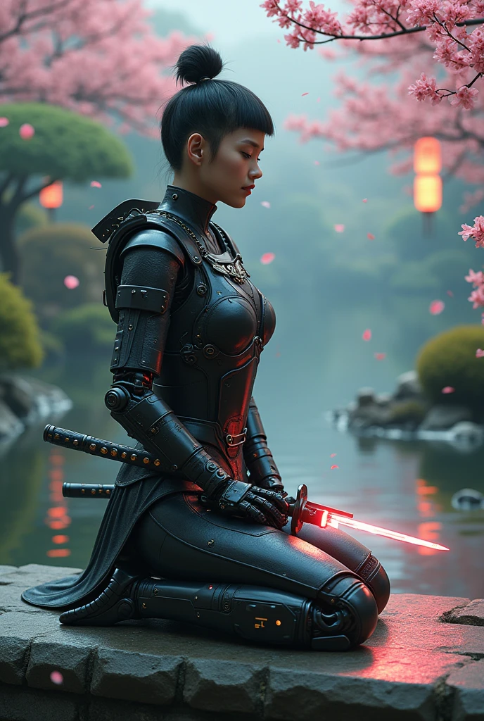 An ancient samurai reborn as a cyber warrior, with robotic limbs and a glowing energy katana. He kneels in a serene Japanese garden, now transformed with futuristic elements like floating lanterns and digital cherry blossoms.