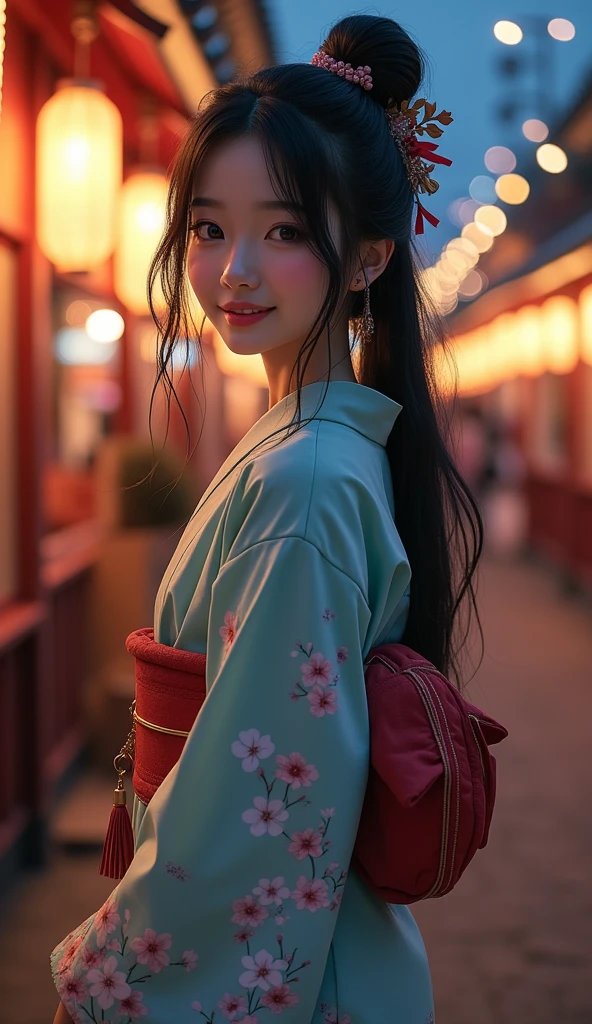 (8k, Realistic, RAW Photos, Highest quality: 1.4, detailed),A Japanese idol-like beautiful girl,1 person,1,(Black Hair),Hair tied up,Large, clear gray eyes,Long eyelashes,(piercings(small)),(Lip gloss),lips(Plump,glossy),thin long neck,Thin and delicate shoulders,(yukata(Traditional Japanese cool dress(Long length,Cotton Fabric,Pale light blue,morning glory pattern))),Thick obi,(She is wearing red-thonged geta sandals on her bare feet.),(A small drawstring bag in the right hand(Traditional Japanese Pochette)Lowering),Night Festival,Front view,Looking at the camera and smiling sweetly,(Full body shot portrait: 1.4)