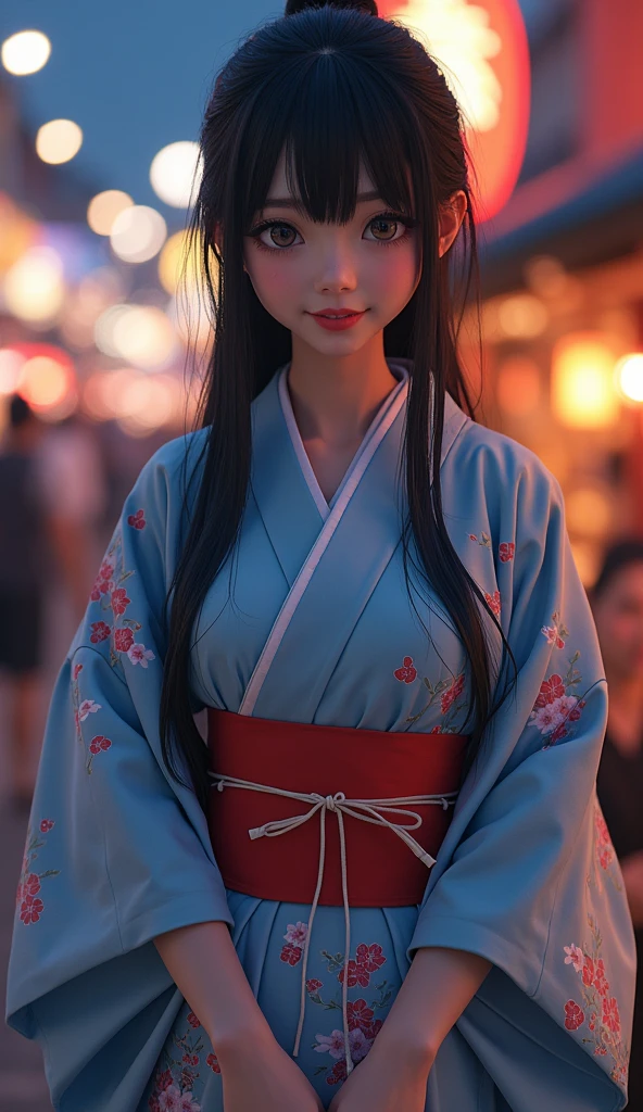 (8k, Realistic, RAW Photos, Highest quality: 1.4, detailed),A Japanese idol-like beautiful girl,1 person,1,(Black Hair),Hair ,Large, clear gray eyes,Long eyelashes,(piercings(small)),(Lip gloss),lips(Plump,glossy),thin long neck,Thin and delicate shoulders,(yukata(Traditional Japanese cool dress(Long length,Cotton Fabric,Pale light blue,morning glory pattern))),Thick obi,(She is wearing red-thonged geta sandals on her bare feet.),(A small drawstring bag in the right hand(Traditional Japanese Pochette)Lowering),Night Festival,Front view,Looking at the camera and smiling sweetly,(Full body shot portrait: 1.4)
