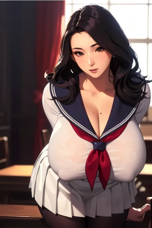 (8K, Highest quality, Tabletop:1.4), (Intricate details:1.3), (Realistic), (Very detailed), One Girl, alone, （Married women、40s）、Beautiful woman、Mature Woman, Front view, (Leaning forward:1.2), Showing cleavage, Show Viewer, Tropical Resort, Detailed long hair, (Fluffy long black hair), fine grain,, Hourglass-shaped body shape, (Sensual curvaceous body:1.1), (Huge breasts), Thick thighs, Wide Hips, Tight waist、( tiny uniform)，(Sexy tiny Sailor Suit )，(transparent Pleated mini skirt)、Realistic lighting, Natural soft light, Dynamic Lighting