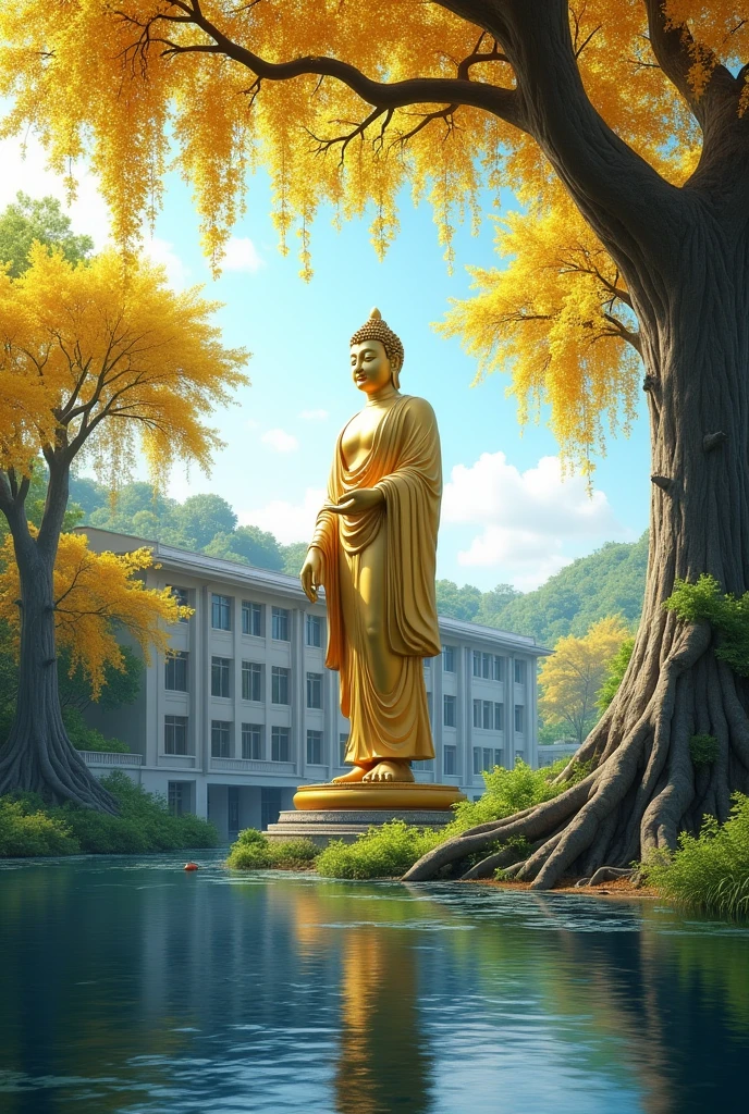 There is an image of the Buddha with a school building in the background. Golden shower trees are in full bloom with yellow flowers, and there are banyan trees. The location is next to a river. The design features a blue, yellow, and white color scheme.