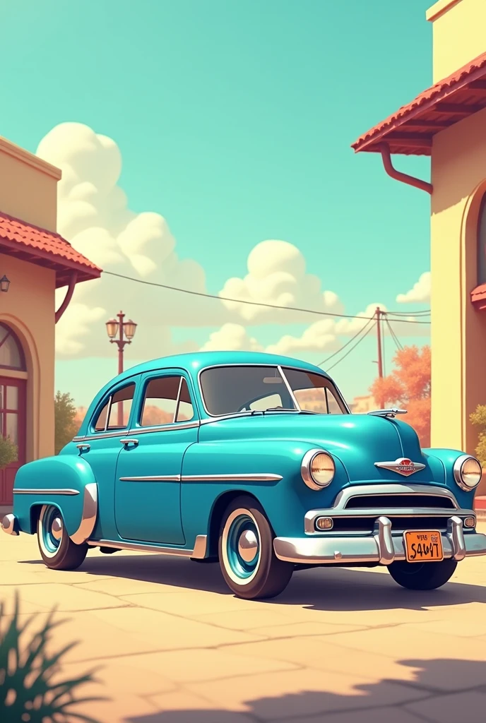 Vintage car animation catoon blue color with some text like vintage