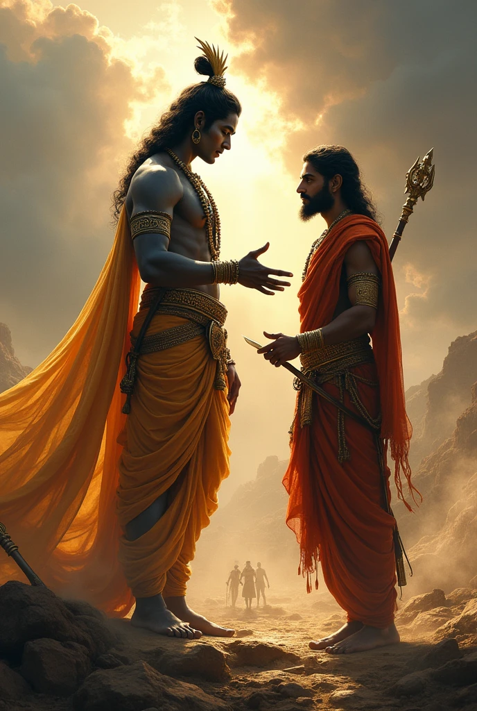 Lord krishna standing alongwith Arjun in battlefield and lecturing him, krishna pointing his hands towards battle, both looking in same direction, dynamic lighting, mythology imagination