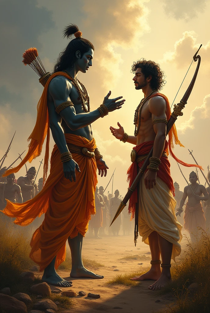 Lord krishna standing alongwith Arjun in battlefield and lecturing him, krishna pointing his hands towards battle, both looking in same direction, dynamic lighting, mythology imagination 
