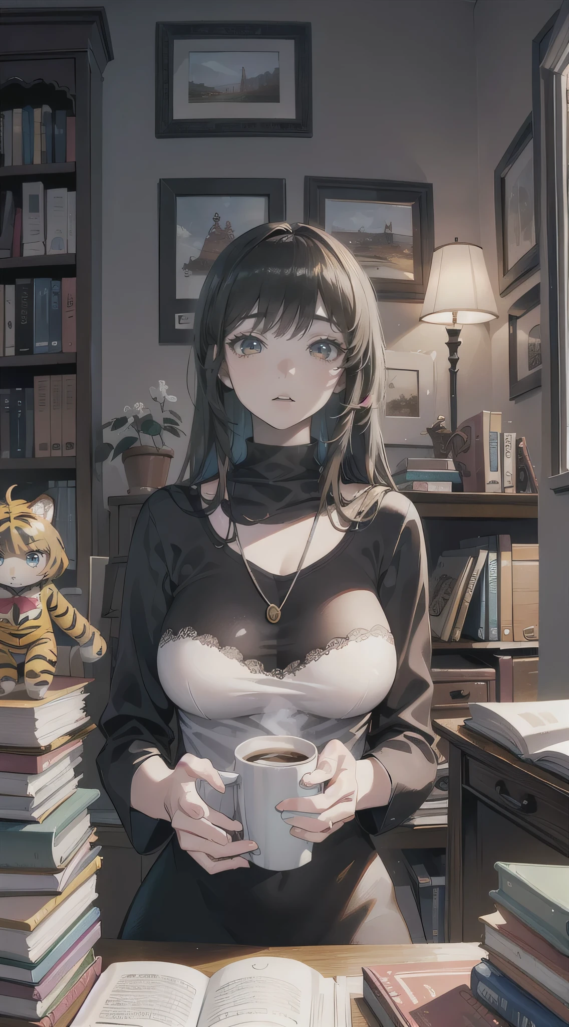 woman having big tits, tiger with a clear and detailed face having realistic eyes and mouth, aniaml, doll, cute, small, one room, warm, studying, books, coffee