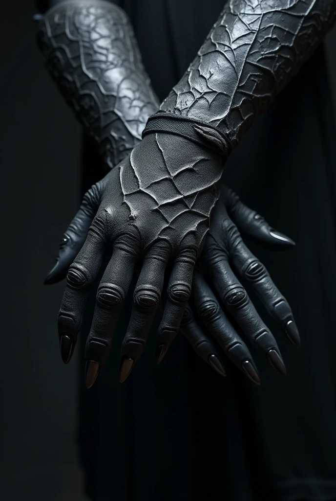imagine a pair of dark, mysterious gauntlets made from shadow steel with intricate, etched designs that seem to shift and absorb light, and razor-sharp, articulated fingers that end in deadly, curved claws, set against a dark, ominous background that highlights the gauntlets' menacing presence.

