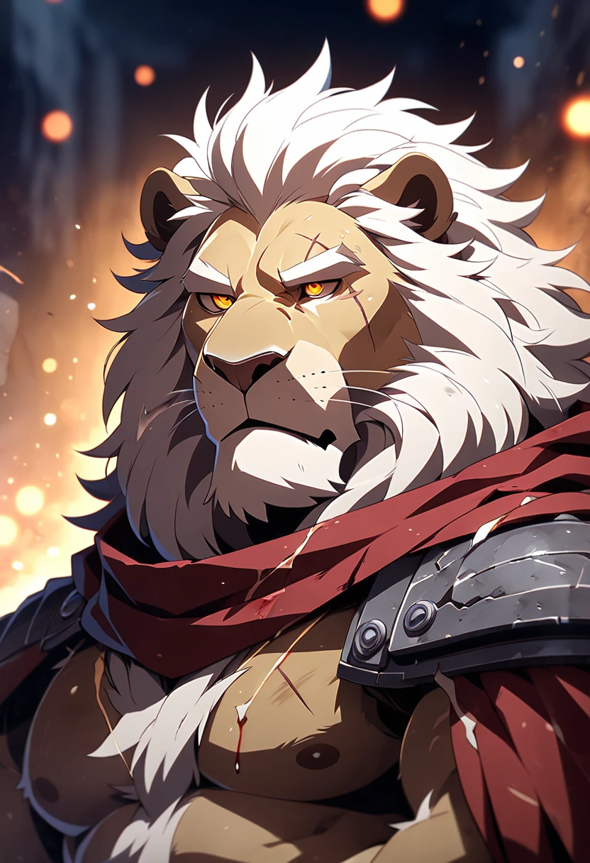 A commander, male,40 years old,Grandpa, solitary, ((Round Face, The face is plump,Orange eyes, scars)), ((Endomorph, Handsome,Hot Blood)), (broken armour,red cape, No electricity,exhaustion), ((domestic lion, white lion, commander lion) Fluffy fur, Fluffy), Bokeh, (high quality, high resolution, masterpiece), (Dynamic Lighting, Vibrant color), (Revitalize,harm,Disdain), Full body picture, cartoon, author:Takemoto Arashi, From zixiong, By Chunni, author:Empty Ghost,(background:Battlefield)(by bontiage:1), ultra-detailed, portrait, cinematic lighting, dramatic shadows, moody lighting, gritty, rugged, muscular, grease stained, dirty, mucky, greasy, rough, mature, intense expression, piercing gaze.