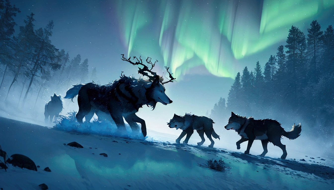 Three animals walking in the snow with the aurora borealis in the background, Photographer Art Wolf, By Alexander Kucharski, Written by Mike Winkelman, Wolf Hoover, By Jesper Essing, Casper Wolfe, by Christopher Balaskas, A still from a nature documentary, The Best of Adobe Stock, by Mathias Kollros, By Anton Möller