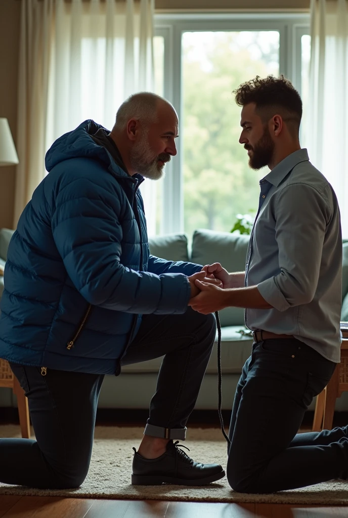 Create a hyper-realistic, RAW, high-resolution image showing two extremely handsome males man in a simple, brightly lit living room. The wonderful and seductive uncle, 42, with short hair and signs of baldness, wears dark pants and an *extremely shiny blue nylon puffer jacket* open that exposes his hairy chest and slightly prominent belly. He is kneeling on the ground, *wearing a collar around his neck*, being pulled by his handsome and domineering nephew, a handsome 28 man with a naturally attractive physique, *dressed in a dress shirt and dress pants*, with a visible posture of dominant next to his wonderful, sensual and submissive uncle. (((The *handsome nephew pulls his uncle's leash with a confident and authoritative expression*, while his uncle, *kneeling*, looks up with a submissive expression))). The room has high natural lighting, with natural and comfortable decoration that enhances the realism of the scene. The image must capture every detail accurately, highlighting the interaction and role contrast between the two men. The *handsome nephew in formal clothes pulls his wonderful and seductive uncle's leash with a confident and authoritative expression*, while his uncle, wearing ONLY a pants and an EXTREMELY SHINY BLUE NYLON PUFFER JACKET, *kneeling*, looks up with a submissive expression. High resolution, Super detail, Best quality, Anatomically correct, Accurate.
