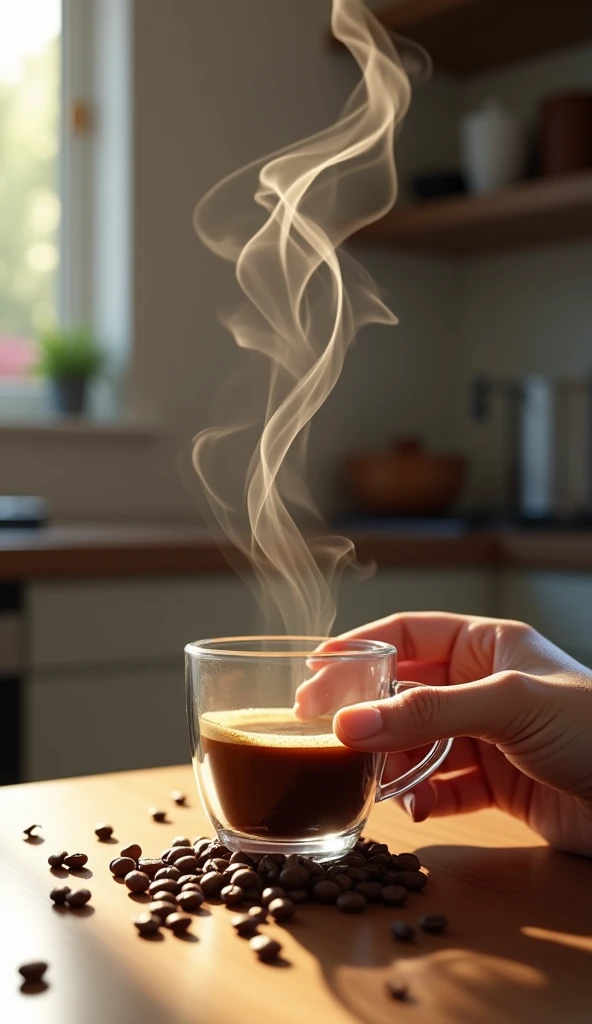 One hand holds a clear glass coffee cup, with coffee beans and beans scattered on the floor. The steam rising from the hot coffee artistically transforms into vapor in the shape of an ukulele. Behind it, what looks like a kitchen counter can be seen.