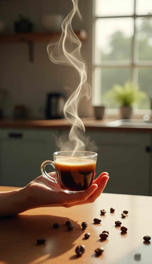 One hand holds a clear glass coffee cup, with coffee beans and beans scattered on the floor. The steam rising from the hot coffee artistically transforms into vapor in the shape of an ukulele. Behind it, what looks like a kitchen counter can be seen.