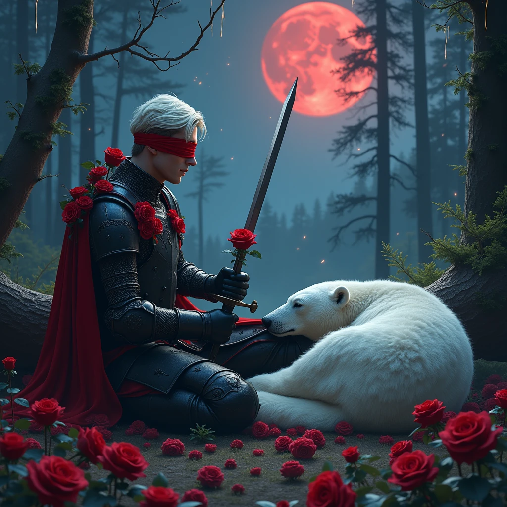Male knight with a white hood with bear ears with sword behind his back sits on the ground towards a polar bear in a forest while the moon shines, many Roses cover the ground and lightning falls from the sky. The polar bear sleeps in front of the knight. Only the man wears a red blindfold. In the background of the picture is the blood moon and a tree has fallen down in the path. The forest is full of trees with leaves. The armor of the man is black and red roses decorate it. The knightholdshis swordin one hand and a rose in the other. The sky is full of stars.