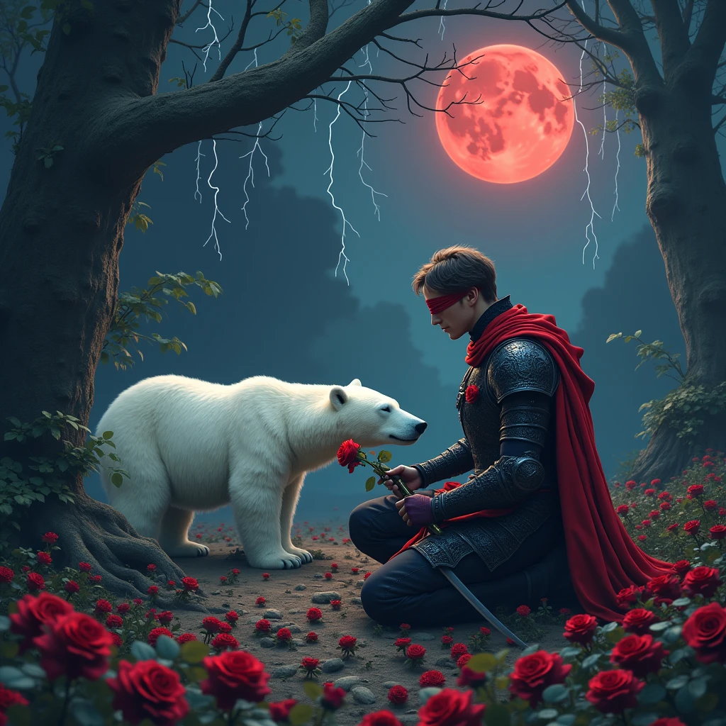 Male knight with a white hood with bear ears with sword behind his back sits on the ground towards a polar bear in a forest while the moon shines, many Roses cover the ground and lightning falls from the sky. The polar bear sleeps in front of the knight. Only the man wears a red blindfold. In the background of the picture is the blood moon and a tree has fallen down in the path. The forest is full of trees with leaves. The armor of the man is black and red roses decorate it. The knightholdshis swordin one hand and a rose in the other. The sky is full of stars. 
