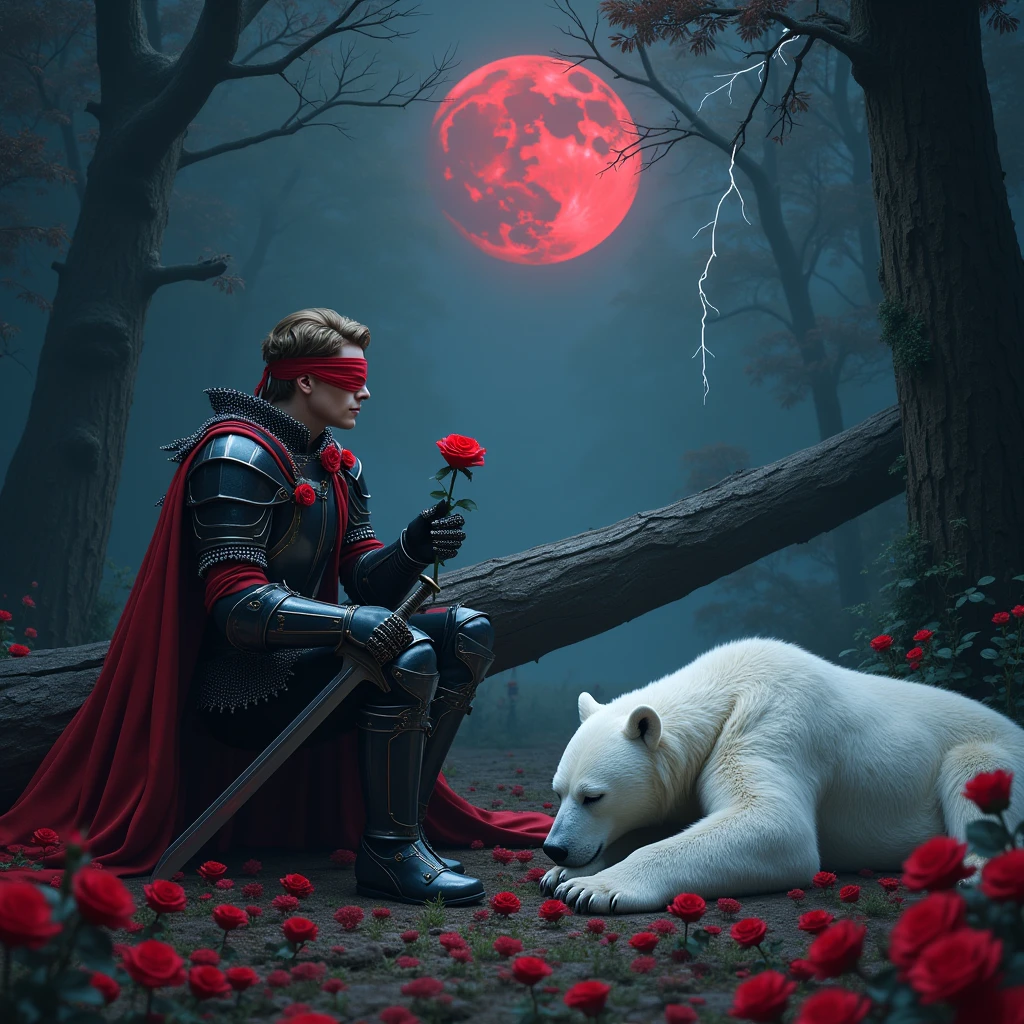 Male knight with a white hood with bear ears with sword behind his back sits on the ground towards a polar bear in a forest while the moon shines, many Roses cover the ground and lightning falls from the sky. The polar bear sleeps in front of the knight. Only the man wears a red blindfold. In the background of the picture is the blood moon and a tree has fallen down in the path. The forest is full of trees with leaves. The armor of the man is black and red roses decorate it. The knightholdshis swordin one hand and a rose in the other. The sky is full of stars.