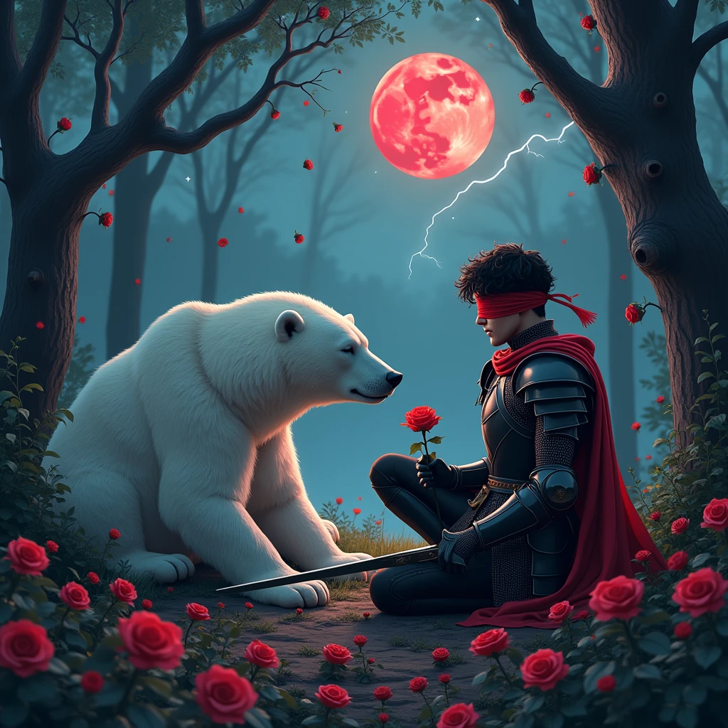 Male knight with a white hood with bear ears with sword behind his back sits on the ground towards a polar bear in a forest while the moon shines, many Roses cover the ground and lightning falls from the sky. The polar bear sleeps in front of the knight. Only the man wears a red blindfold. In the background of the picture is the blood moon and a tree has fallen down in the path. The forest is full of trees with leaves. The armor of the man is black and red roses decorate it. The knightholdshis swordin one hand and a rose in the other. The sky is full of stars.