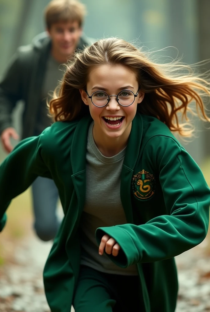 The older brother chases after a young woman, brown hair, glasses, cheerful, wearing a Slytherin robe.