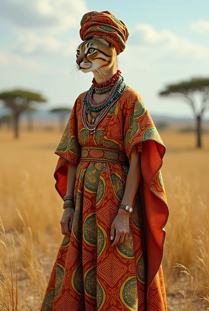   A regal Savannah cat dressed in a vibrant Nigerian Aso Oke ensemble, complete with a gele (headwrap), intricately patterned wrapper, and matching blouse. The cat strides confidently on two legs, radiating cultural pride.
