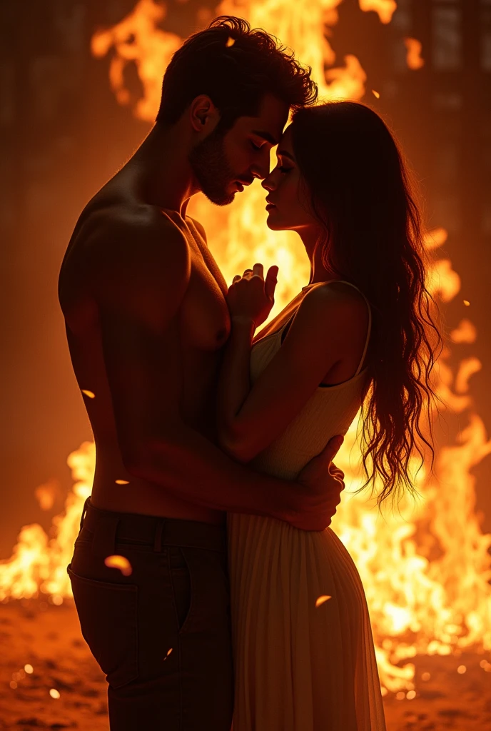 A sensual couple in an intimate pose, closely embracing and surrounded by dramatic flames. The firelight creates deep shadows that emphasize the passi.jpg