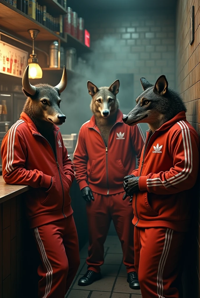 Mafia animals thug in tracksuits in kebab shop realistic, real, high resolution detail, full photo like real