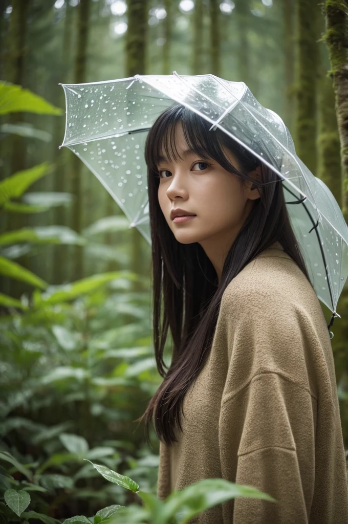 A woman living quietly in a rainy forest
